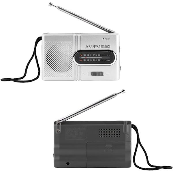 Bärbar Radio, FM-Radiospelare med 2 AA-batterier (ingår ej), Miniradio med inbyggd högtalare, Silver