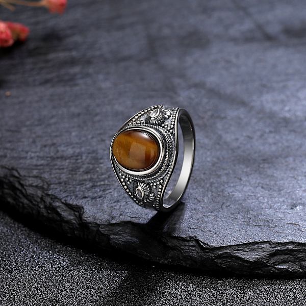925 Sterling Silver Ring med Naturlig Tigeröga