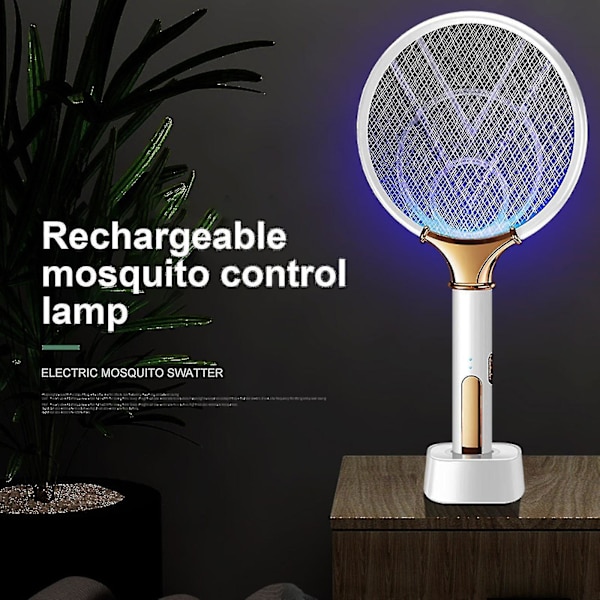 Elektrisk fluesmekker, elektrisk zapper, myggfellelampe & racket, myggdreper fluesmekker med lilla lyslokker for hjemmet innendørs utendørs - q34 White