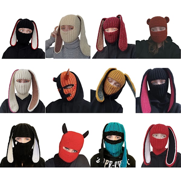 Sinknap Balaclava Hette med Lange Kaninører Komfortabel Vindtett Pustende Søt Kaninhatt Kaninører Huer for Cosplay Rose red   Black