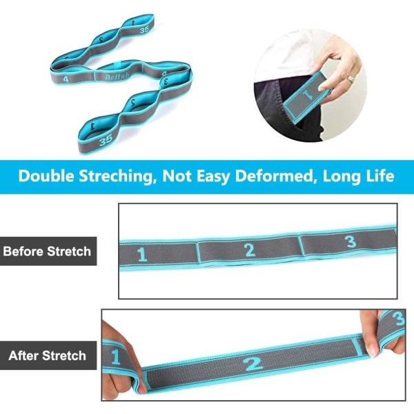 Yogasett, yogastretchband med 9 öglor, tvättbar, lätt att bära och mycket elastisk gymnastikband, idealisk stretchband för varm yoga