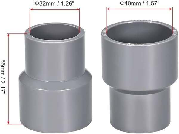 sourcing map 40mm X 32mm PVC Rørreduceringsfitting DWV Hub Kobling Grå 2 stk