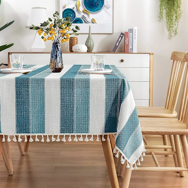 Raidallinen tupsullinen pöytäliina, suorakaiteen muotoinen pöytäliina, puuvilla-pellava kangas, pöytäpeite keittiöön, ruokailutilaan, 54 x 86 tuumaa, tummansininen Teal
