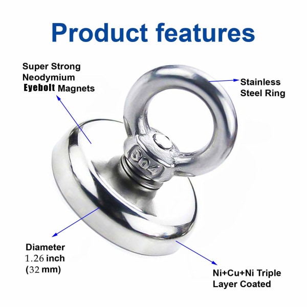 Magnetiska krokar Neodymmagnet Magnetkrokar Magneter med stark krok 40KG attraktionskraft 32 mm diameter (6-pack)