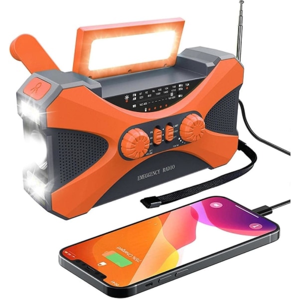 10000mAh Solar Powered Emergency Hand Crank Radio with Hand Crank Power Generation Flashlight USB Multifunction Radio Orange Orange