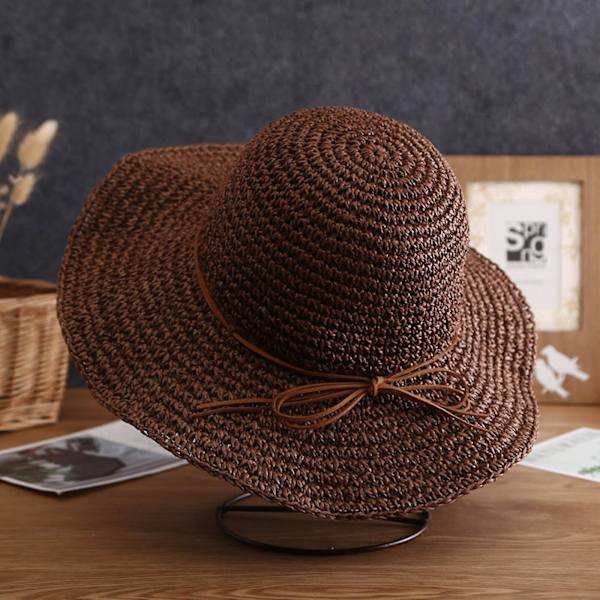 Kvinnors stora solhatt med bred brätte i halm, floppy, strandhatt, hopfällbar, sommar, rosett Beige