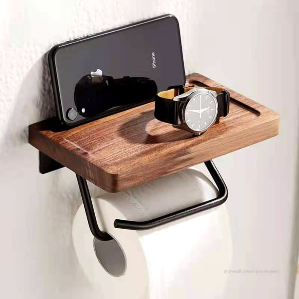 WC-paperiteline hyllyllä mustaa pähkinäpuuta kylpyhuoneeseen, seinään kiinnitettävä wc-paperiteline rullalle