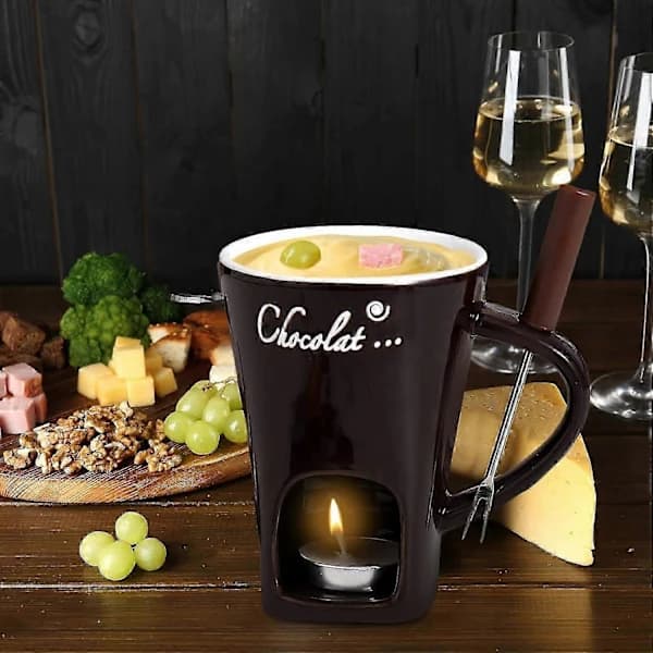 Chokoladefonduekop, kaffekop, chokoladesmelte kop, med gaffel, sort.