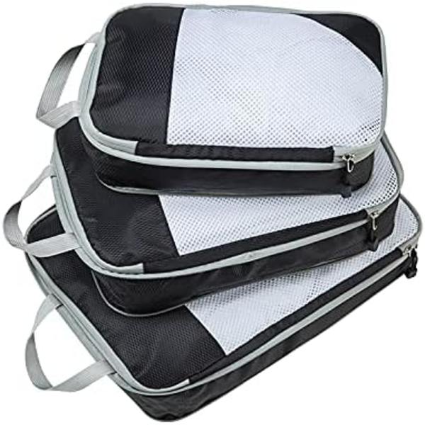 Set med packningskuber, kompressionsförpackning och skobag för resor
