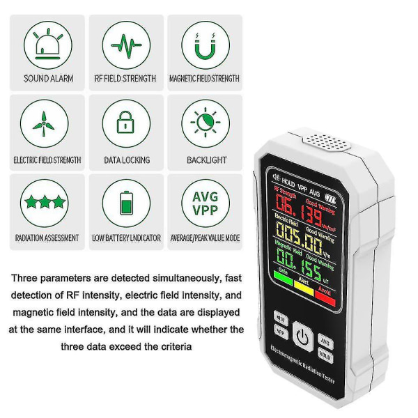 Multifunktionel elektromagnetisk strålingsdetektor Elektrisk feltintensitetstester Magnetisk felt white