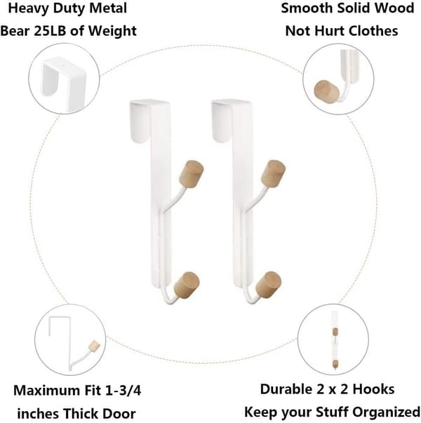 Dörrkrokar 2-pack, robusta metallkrokar för att hänga kappa, hatt, morgonrock, handduk, badrum, sovrum, dörrkläder - Vit