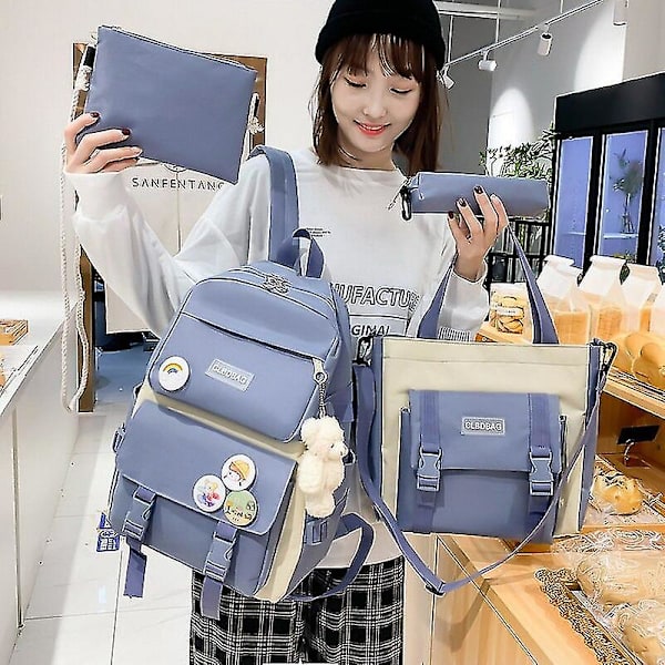 4 st set canvas skolväskor för tonårsflickor ryggsäck kvinnor laptop ryggsäck skolväskor för pojkar resebagpack mochila escolar 5pcs green-tassel