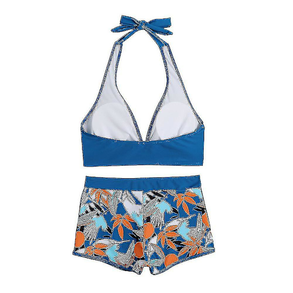Dambikini med Halterneck Push Up BH, Baddräkt med Shorts, Tvådelad Baddräkt, Sommarstrandkläder, Badkläder Blue XL