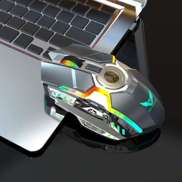 Uppladdningsbar 2,4G trådlös spelmus med USB -mottagare och RGB-bakgrundsbelysta färger för bärbar dator, PC-dator och Macbook (600mAh litiumbatteri) (grå)