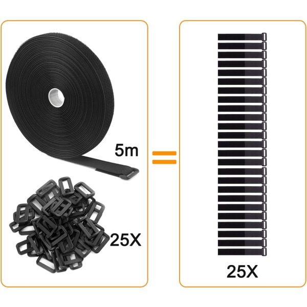 5m Justerbare Kabelstropper med 25 Sløyfer, Svarte Gjenbrukbare Kabelbinder, Borrelåsstropp for Kabelstyring (5m x 2,5cm, Svart)