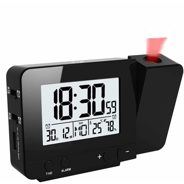 LED-projektionsväckarklocka, Digital klocka med stor LCD-display, Digital projektionsklocka med dubbla alarm, Snooze-funktion, Inomhustermometer