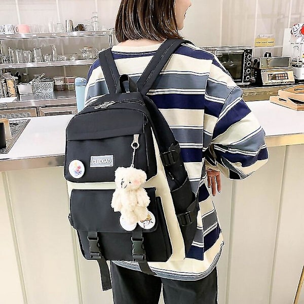 4 st set canvas skolväskor för tonårsflickor ryggsäck kvinnor laptop ryggsäck skolväskor för pojkar resebagpack Mochila Escolar 5pcs dark-tassel
