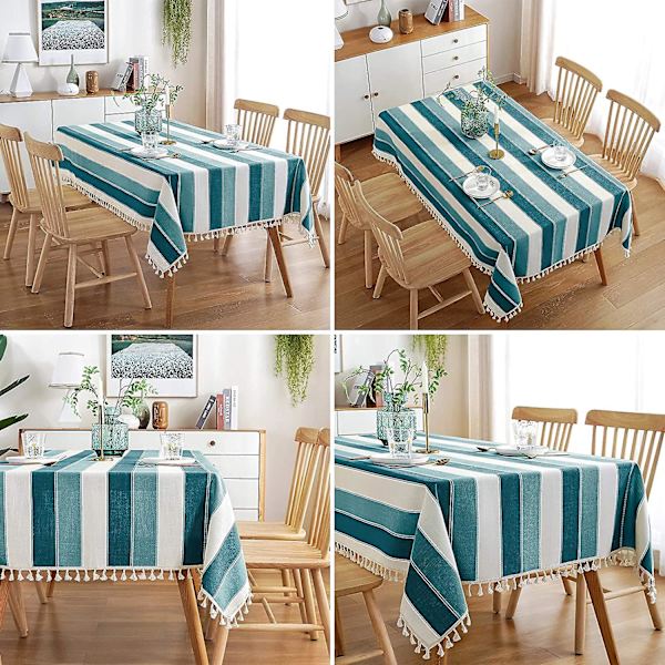 Raidallinen tupsullinen pöytäliina, suorakaiteen muotoinen pöytäliina, puuvilla-pellava kangas, pöytäpeite keittiöön, ruokailutilaan, 54 x 86 tuumaa, tummansininen Teal