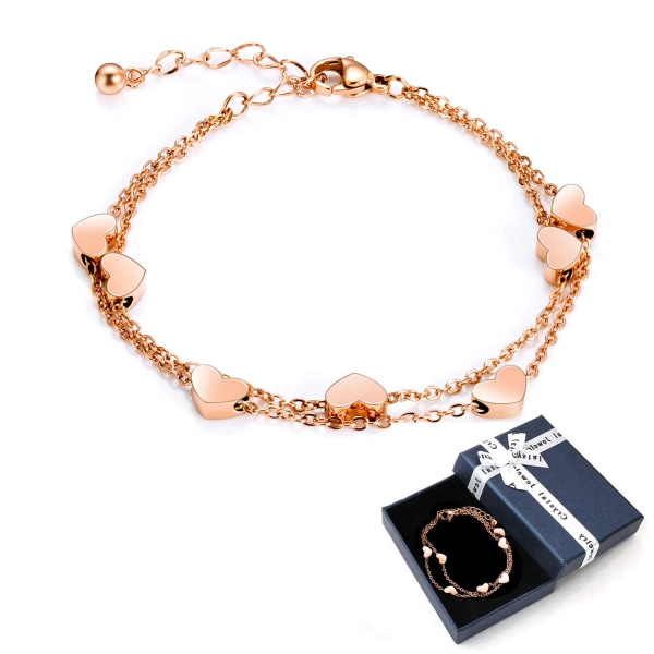 Rosegold Herzen Damen Armband Layered Armband mit Herz Anhängern Doppelt Kette Armband for Frauen Armkette Edelstahl Armbånd fra Titan