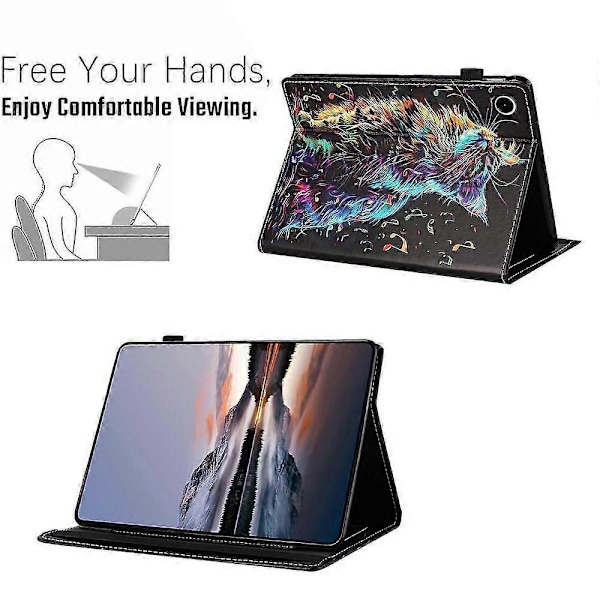 Samsung Galaxy Tab A9 -kotelolle kuvioitu nahkainen tablettisuojus automaattisella lepo-/herätystoiminnolla ja korttipidikkeellä Musical Note Cat