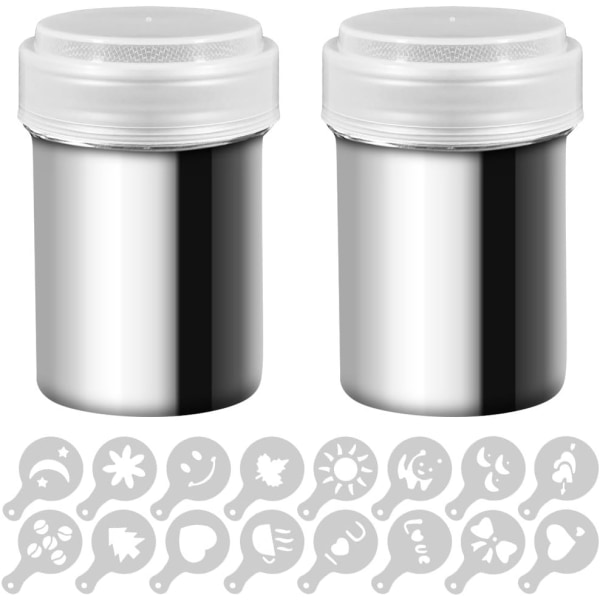 2 rustfrie stål pulverrystere, mesh shaker pulverdåser til kaffe kakao kanelpulver med låg, med 16 stykker trykmønter stencils