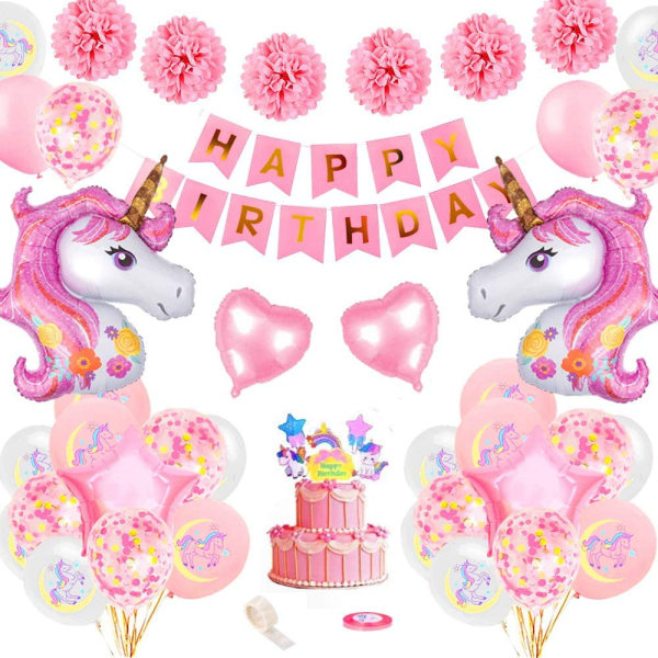 Unicorn födelsedagsdekorationer för flickor, rosa grattis på födelsedagen banner med enorma folie Unicorn ballonger för fest