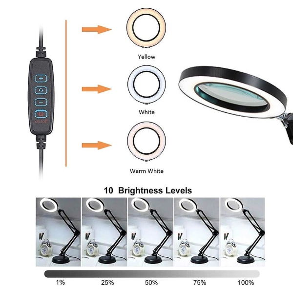 Forstørrelsesglas med 64 lysdioder bordlampe 8 gange forstørrelse 10 niveauer af justerbar lysstyrke Dæmpbar