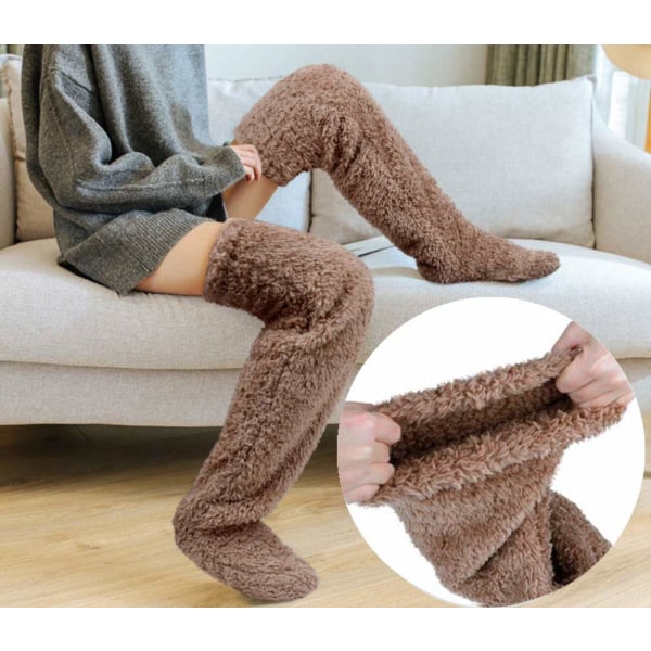 Over knehøye fuzzy sokker Plysj tøffelstrømper lodne lange benvarmere Sovesokker for vinterhjem