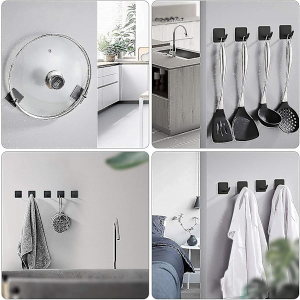 Stærke Selvklæbende Kroge, Væghængere, Robust Rustfrit Stål Holder, Selvklæbende Kroge til Køkken, Badeværelse, Hjemmedør, Håndklæde, Frakke Black