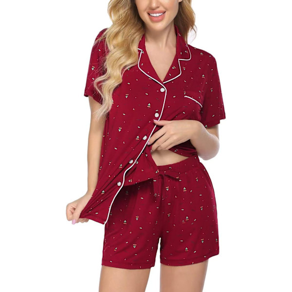 Pyjamasetti lyhythihaiset shortsit kaksiosainen napitettava pehmeä kotiasu XL Claret