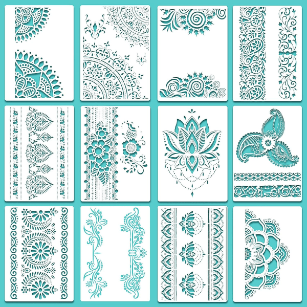 12 kappaletta iso mandala stensiili uudelleenkäytettävät mandalamaalausmallit 8,3 x 11,7 tuuman kukkakuvioinen stensiili Mandala Drawin