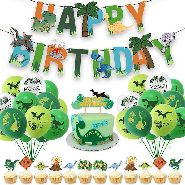 Dinosaur-tema Ballongsett Bursdagsfest Dekorasjon Kit Banner Kake Topper