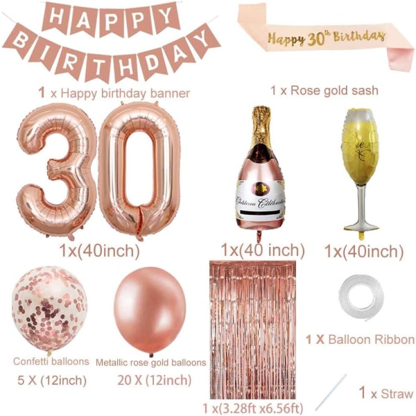 30 års fødselsdagspynt til kvinder, Rosaguld 30 Fødselsdagsfestpynt til hende, 30 års tillykke med fødselsdagen banner