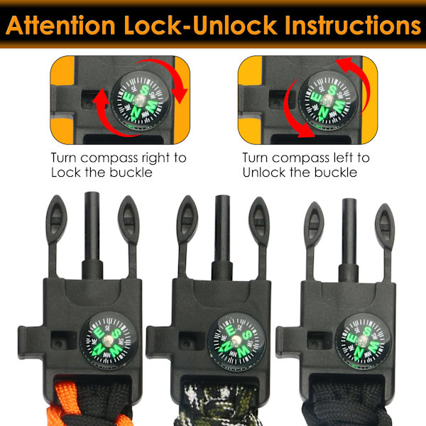 Armband (3-pack), Överlevnadsarmband, Camping Vandring, Multiverktyg, Eldstarter, Kompass och Visselpipa
