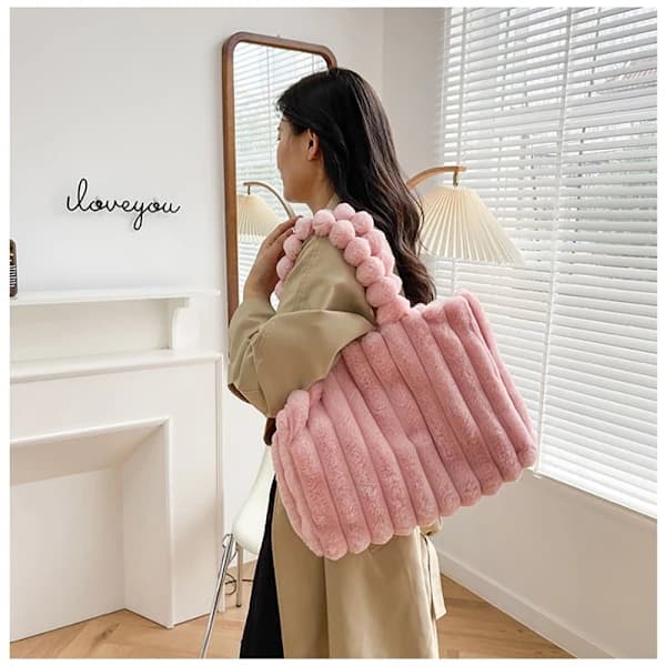 Blød plys håndtaske, imiteret pels, pink