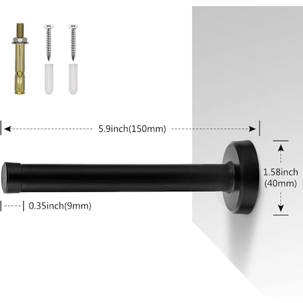 Dørstopper, 150 mm/6 tommer lang, sort, vægmonteret, holdbart rustfrit stål.