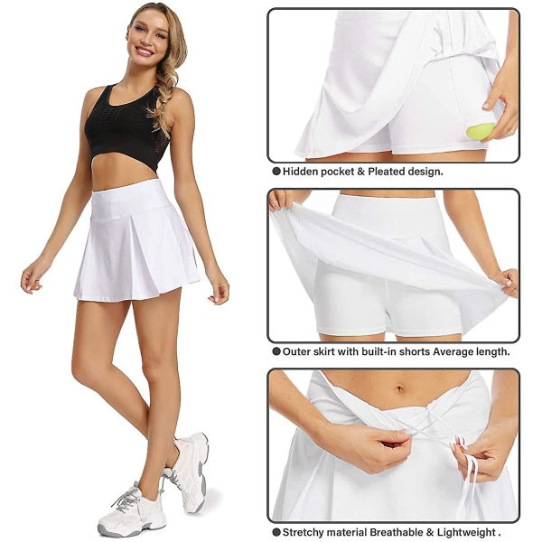 Tennisskjørt for kvinner Lett plissert atletisk skort Sportsgolf løpeminiskjørt med lommer og shorts