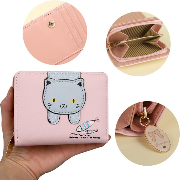 Flickor Kvinnor Plånböcker, Söta Katt Plånbok Liten PU Läder Myntplånböcker med Metalldragkedja för Barn Tonåringar Kvinnor Present (Rosa)