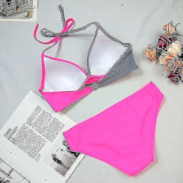 Färgblockerad Bikiniuppsättning för Kvinnor, Vadderad Push-Up Baddräkt, Halterhals Baddräkt Light Grey Rose Red M