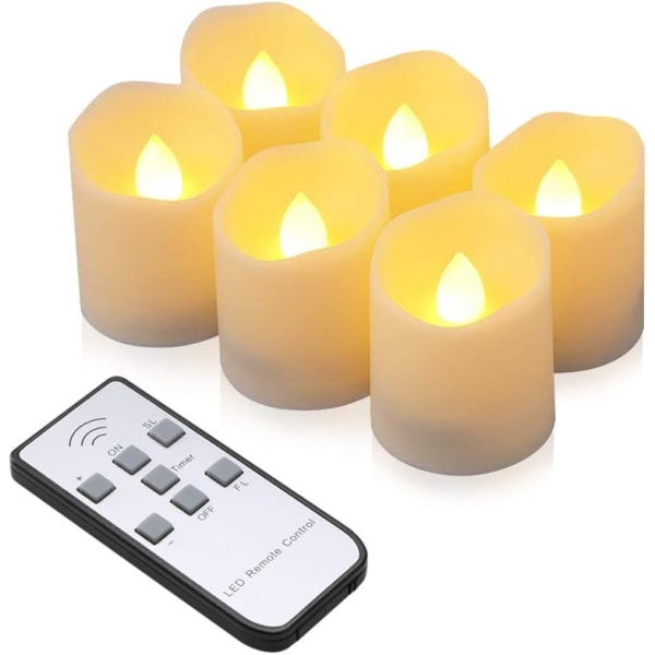 LED-stearinlys 6 flammeløse telys med fjernkontroll, timerfunksjon, dimmer, elektrisk julelys