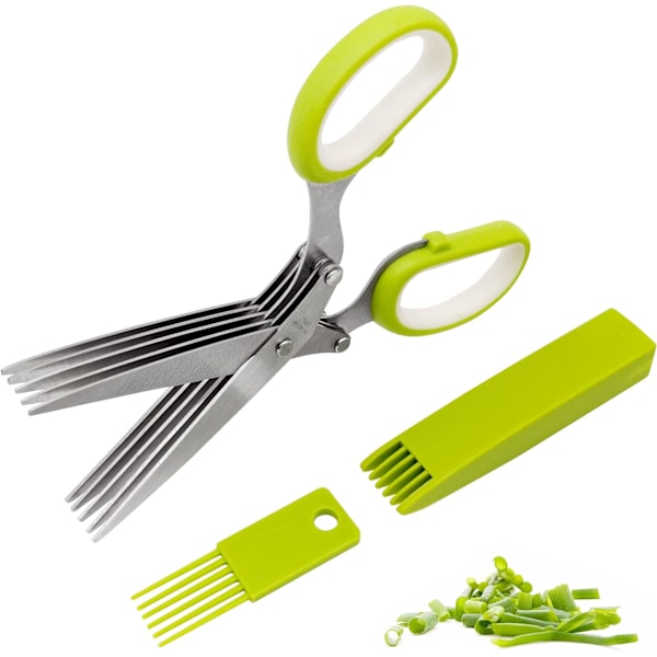 Urtesaks i rustfrit stål, køkkensaks Multifunktionelle saks med 5 blade, til at klippe urter, med låg og rengøringskam