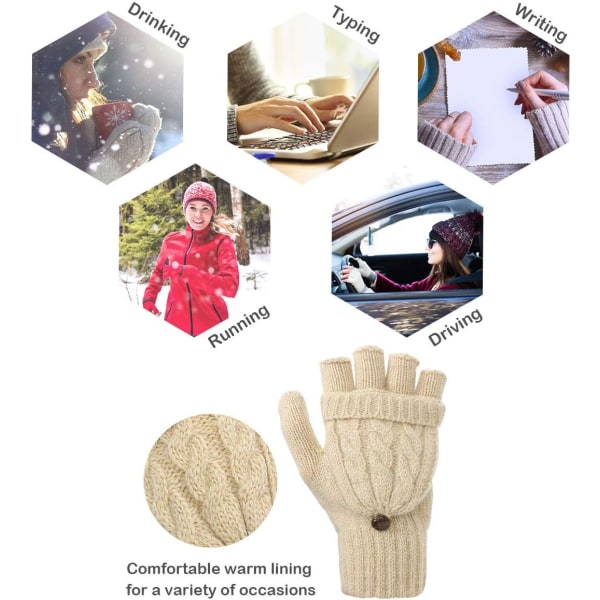 Kvinder vinterhandsker Strikkede konvertible fingerløse vanter med vantebetræk Strikkede vantehandsker til kolde dage