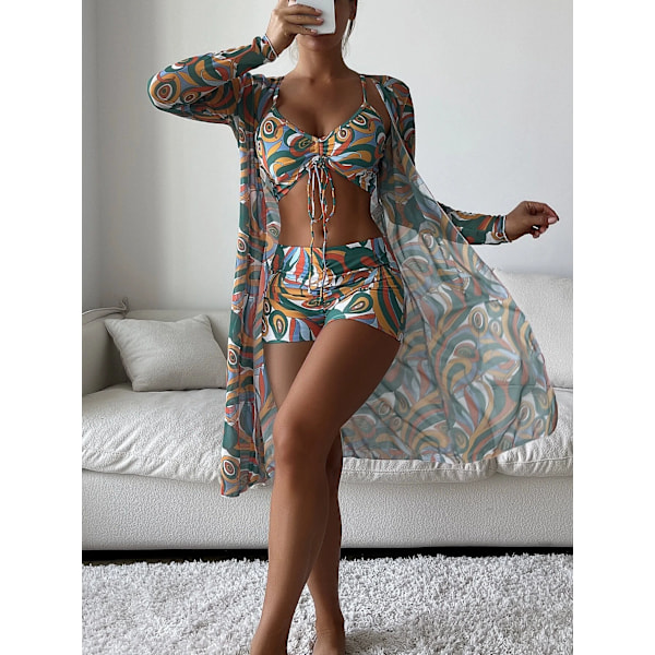 Dame badedragt tre-delt sæt høj talje lange ærmer ins bluse Pattern 4 XL