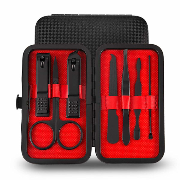 Professionell 7-i-1 svart rostfritt stål nagelklipparsats Manikyr Pedikyr Grooming Kit med läderfodral