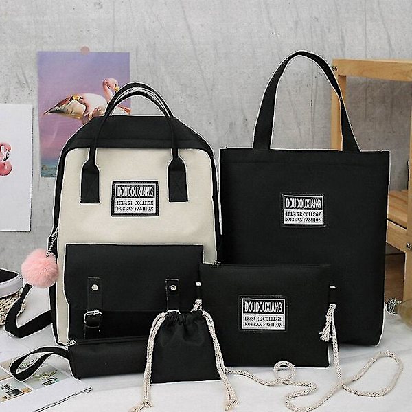 4 st set canvas skolväskor för tonårsflickor ryggsäck kvinnor laptop ryggsäck skolväskor för pojkar resebagpack mochila escolar 5pcs black-tassel