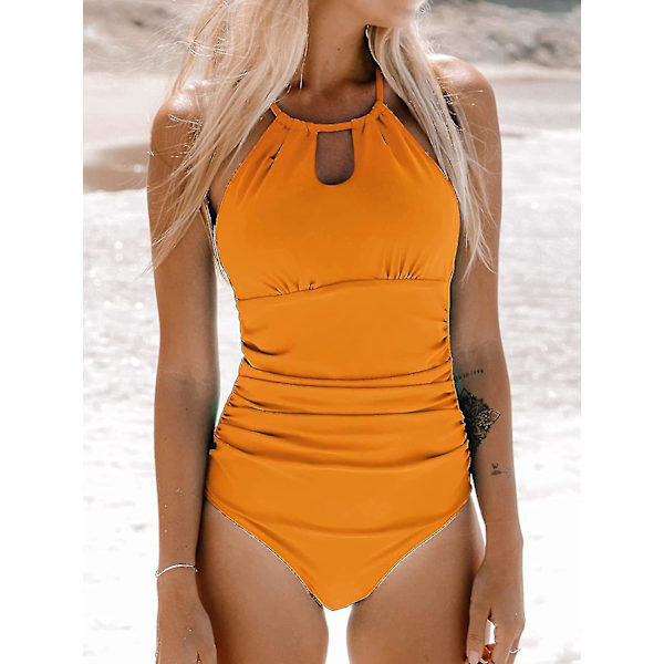 Dam badkläder i ett stycke med hög hals, strandkläder, rynkad magkontroll, baddräkt Sunrise Orange L