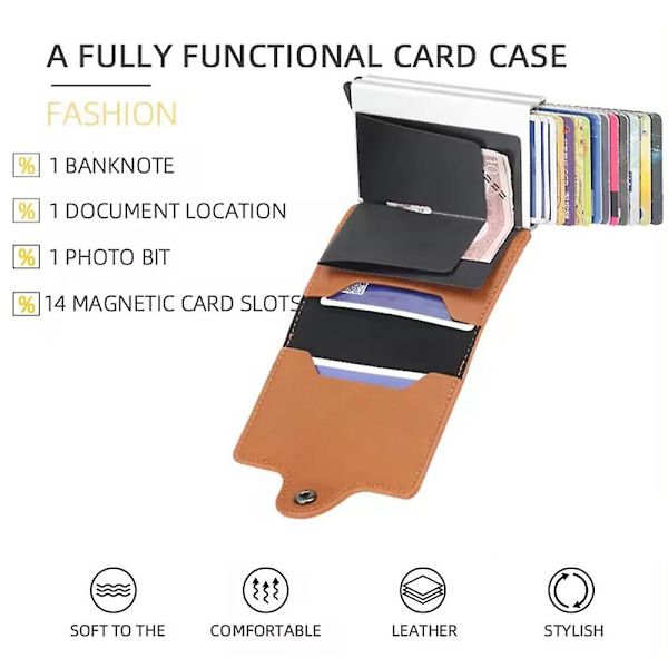 Korthållare med Dubbelt Stöldskydd - RFID-NFC Säker POP UP Korthållare Brown