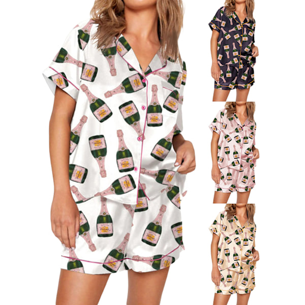 Champagneflaskor Pyjamas Set Dam Tryckt Kortärmad Mjuk Lös Casual Sovkläder White M