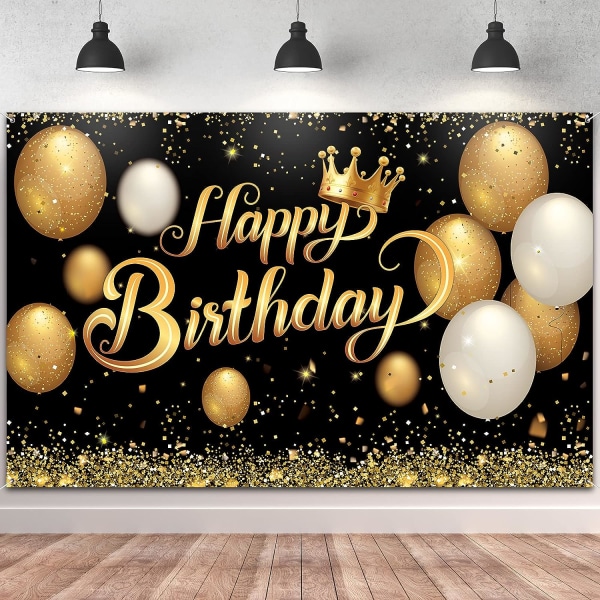 Syntymäpäiväbanneri iso musta-kultainen juliste, jossa onnea syntymäpäivää kirjaimilla 180 x 115 cm