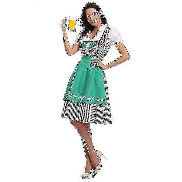Høj kvalitet traditionel tysk ternet Dirndl kjole Oktoberfest kostume outfit til voksne kvinder Halloween fancy fest Style3 Green XS